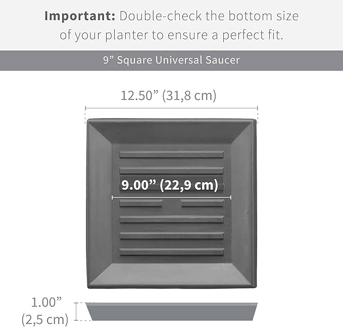 Crescent Garden Universal Square Plant Saucer, Weatherproof Durable Drip Tray for Square Planter, Heavy-Duty Plastic Drainage Dish, Indoor/Outdoor Flowerpot Saucer - 9'' Inner x 12.5" Outer (Slate)