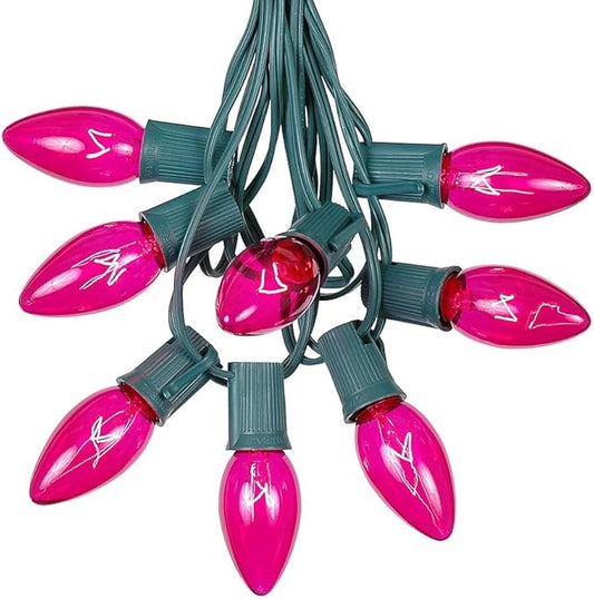 Novelty Lights C9 Pink Christmas String Light Set - Outdoor Christmas Light String - Hanging Christmas Lights - Roofline Light String - Outdoor Patio String Lights - Green Wire - 25 Foot