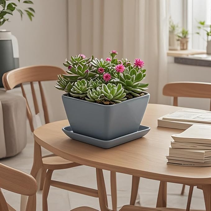 Square Plant Saucer 8 Inch 2 Pack，Plant Trays for Pots, Gray Ceramic Plant Saucers for Indoors Outdoors, Plant Drip Tray 4 6 8 10 12 14 Inch