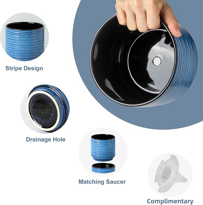 Hasense Plant Pot, 6 Inch Ceramic Kitchen Garden Pot for Plant with Drainage Hole and Tray, Indoor/Outdoor Succulent Herb Planter, Modern Blue Home Office Decorative Gifts