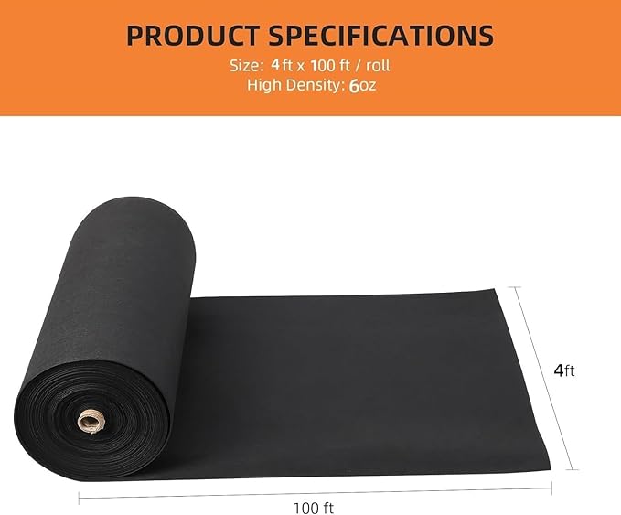 Towallmark Geotextile Landscape, 4ft x 100ft & 6oz Geotextile Fabric, PP Drainage 350N Tensile Strength & 440N Load Capacity, for Driveway & Road Stabilizationr, Erosion Control, French Drains