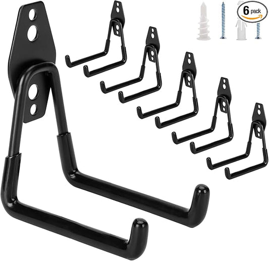 6 Pack Garage Hooks Heavy Duty, 4.9 inch Utility Steel Garage Hanger & Organizer for Organizing Garden Lawn Tools, Ladders, Garden Hose, Digging Shovel, Bikes, Ropes
