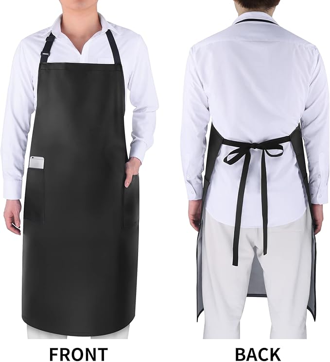 Gotega 2 Pack Aprons for Men Women with Large Pockets, Waterproof Rubber Vinyl Apron 40 Inch Heavy Duty Chef Apron Black Adjustable Work Apron for Dishwashing Kitchen Cooking Drawing