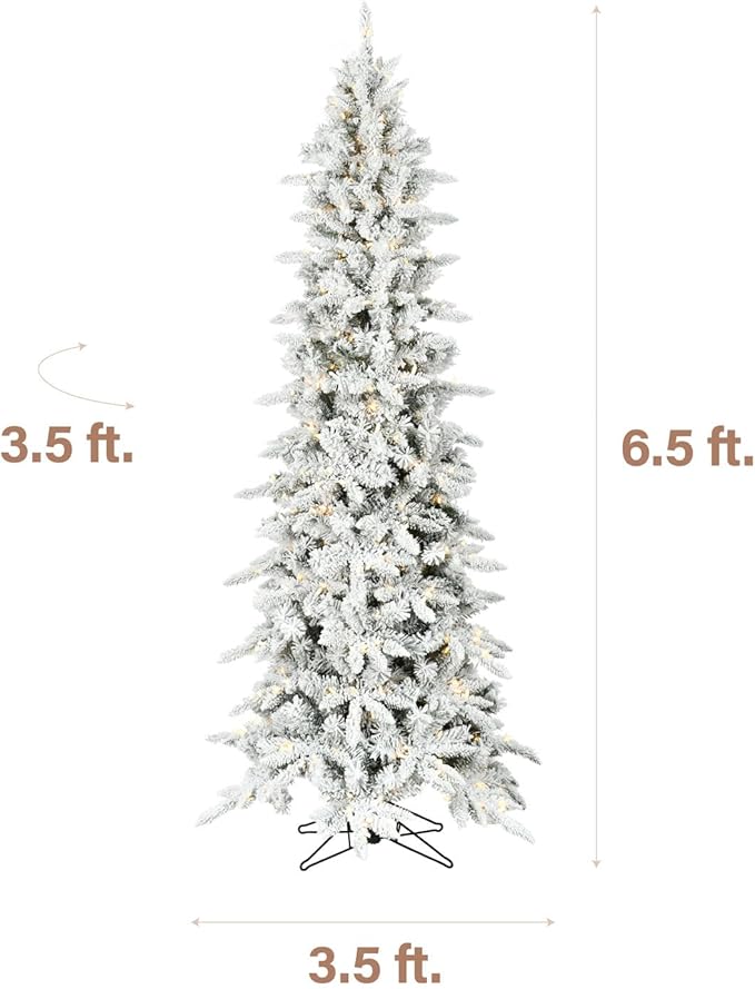 Fraser Hill Farm 7.5-Ft Slim Mountain Pine Flocked Artificial Christmas Tree with Dual Multicolor & White LED Lights & Stand, Prelit Skinny Fake Tree with Realistic Snowy Foliage, Home Holiday Décor