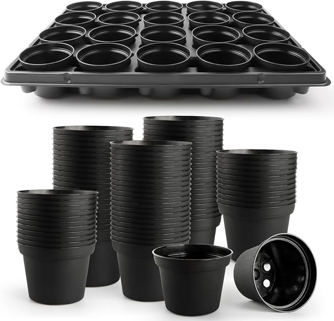 3 Inch Plastic Plant Pots 100 Pcs with 5 Pcs 20 Cell Seed Starter Trays, Thick Black Small Nursery Pots and Propagation Shuttle Trays for Seed Starting, Plant Propagation Starter Kit 5 Sets