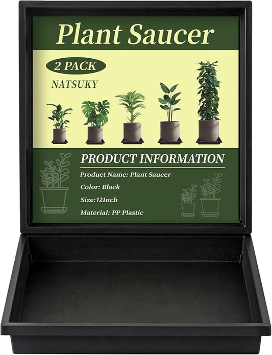 NATSUKY Square Plant Saucer 12 Inch 2 Pack, 8 10 12 14 Inch Plant Trays for Indoors Heavy Duty Plastic Flower Plants Saucers for Pots Outdoors No Holes Drip