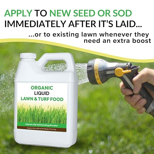 Organic Liquid Lawn & Turf Food - Quickly Rejuvenates Lawn Health and Restores Rich Green Colors to Depleted Grass | Infused with Soil Enriching Microbes (32oz, Treats Up to 5,000 Sq. Feet)