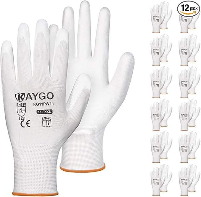 KAYGO Safety Work Gloves PU Coated-12 Pairs, KG11PB, Seamless Knit Glove with Polyurethane Coated Smooth Grip on Palm & Fingers, for Men and Women, Ideal for General Duty Work (XX-Large, White)