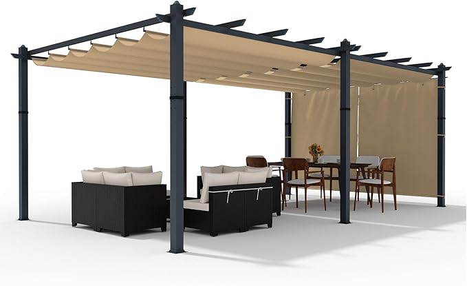Garvee 12x20 Ft Aluminum Pergola Oversize Outdoor Metal Gazebo with Retractable Canopy Outdoor Shelter for Modern Backyard Deck Porch Grape Trellis(Khaki)