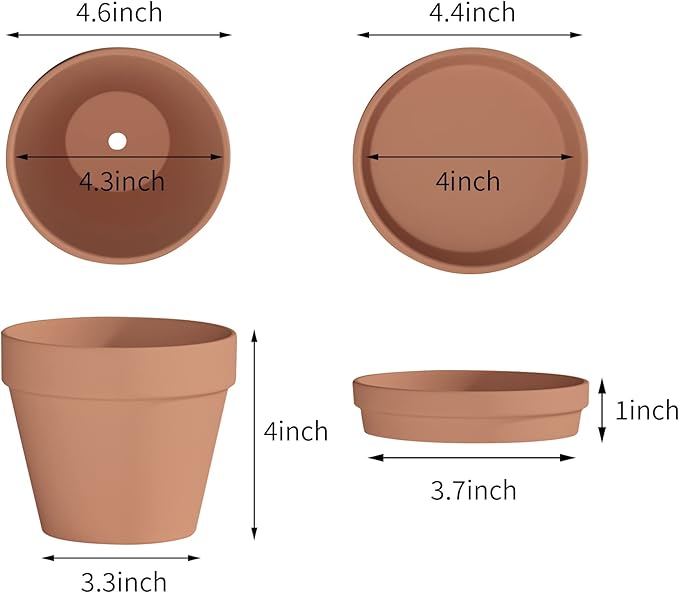 Fcacti 6 Pack Terra Cotta Pots with Saucer, 4.5 Inch Clay Planters for Indoor/Outdoor Plants, Drainage Hole, Succulent, Cactus, Flower Pots