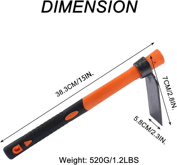 Single Head Hoe with Heavy Duty Forged Adze and Ergonomic Non-Slip Handle for Loosening Soil, Gardening, Transplanting Outdoor 39mm/15-Inch