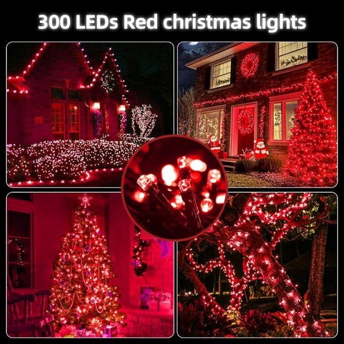 105FT 300LEDs Christmas Lights Outdoor Indoor 8 Modes for Christmas Tree Party Decoration, 100% UL Listed (Red, 105 FT)