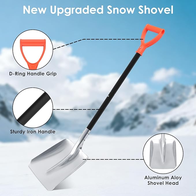 Aluminum Snow Shovel for Driveway – 40" Long Square Shovel with D Handle, Large Capacity Flat Shovel, Portable Snow Removal Tool for Home Garage Garden Camping Emergency, Orange