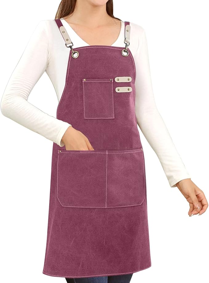 Cotton Canvas Cross Back Apron for Art Painting Garden Chef Bartender Work,Women Men 3 Pockets Waterproof Adjustable M-XXL