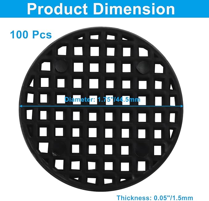 100pcs Plant Drainage Mesh Pads - 1.8 Inch Round Plastic Grid Mat, Breathable Soil Guard for Potted Plants, Bonsai (Black)