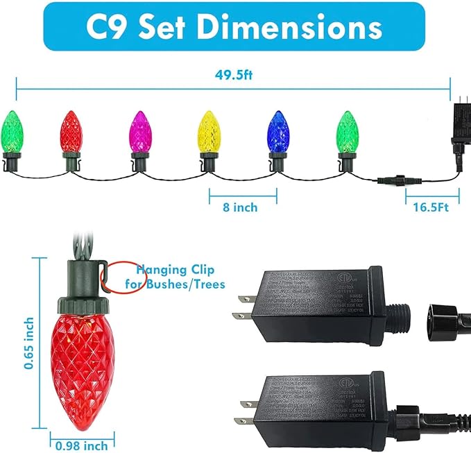 KAQ 2PK 100LED Multicolor C9 Christmas Lights Waterproof Indoor Outdoor, Extendable 98FT String Lights Plug in with 13 Lighting Modes, Christmas Decorations for Party Patio, Xmas Outside Yard Decor