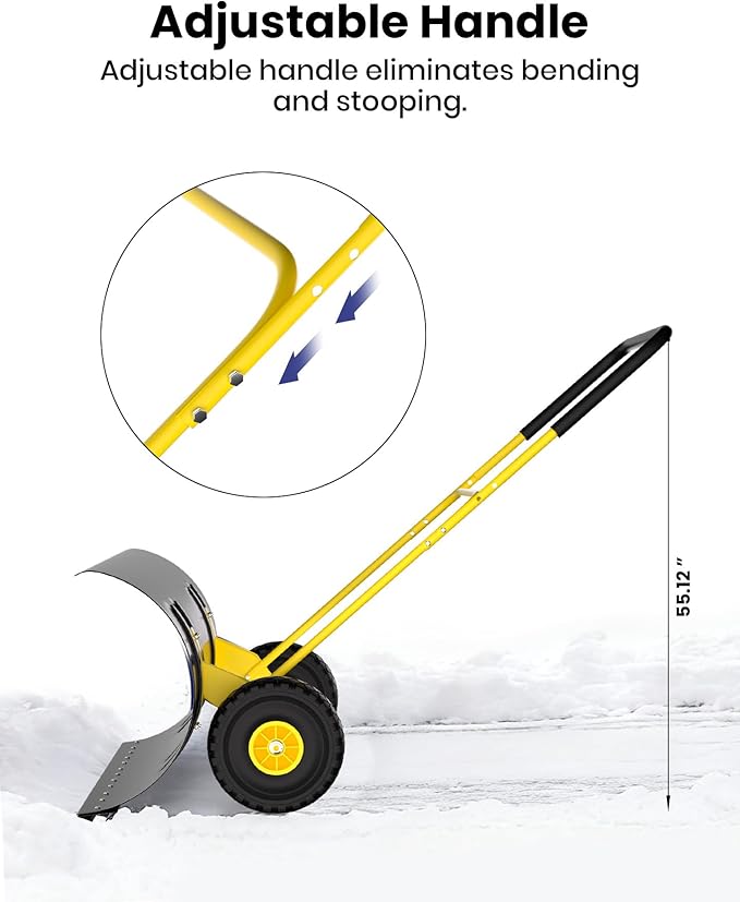 29" Snow Pusher Shovel with Wheels, Adjustable Ergonomic U-Handle Snow Plow for Driveway, Heavy Duty Wheeled Rolling Shovels for Driveway and Sidewalks with Angeled Blade