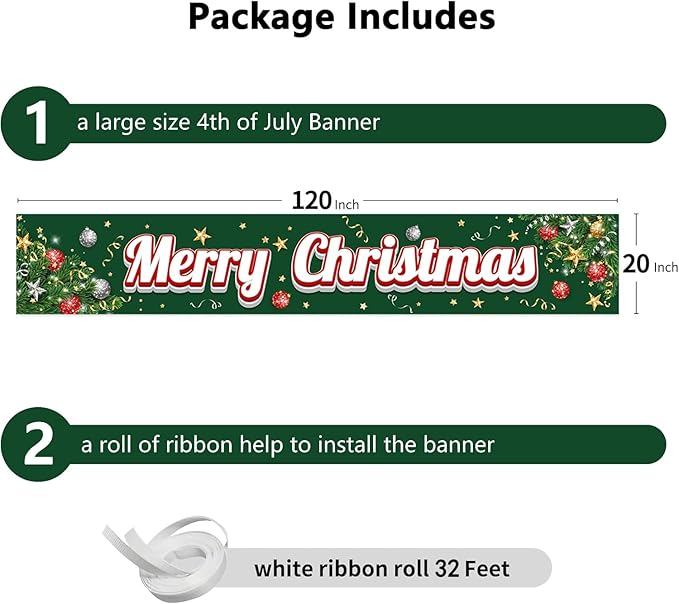 Happy Christmas Large Banner,Christmas Tree Branches Banner for Outside,Merry Christmas Green Decorations for Yard Garden 120x20 Inches