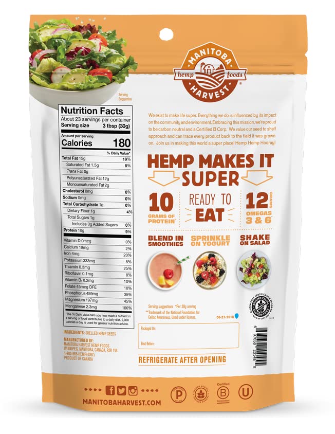 Manitoba Harvest Hemp Seeds, 24 oz; 10g Plant Based Protein and 12g Omega 3 & 6 per Serving, Perfect for smoothies, yogurt & salad, Non-GMO, Vegan, Keto, Paleo, Gluten Free