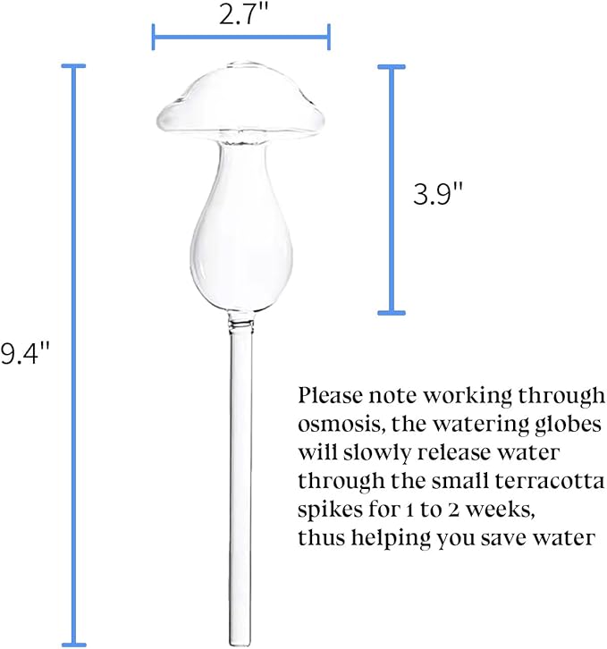 3 Pack Non-Clogging Iridescent Mushroom Plant Watering Globes with Terracotta Spikes, Hand Blown Glass Self Watering Planter Insert Plant Watering Devices Bulbs for Indoor and Outdoor Plants