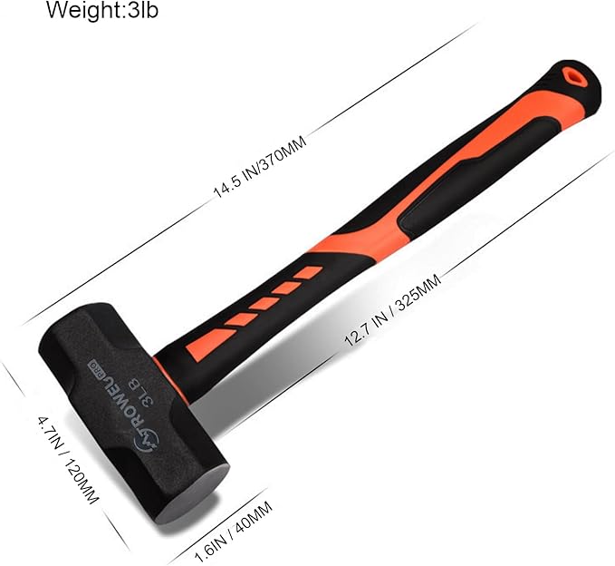 2 Pack 3lb Sledge hammer with 12.8 Inch Shock-Resistant Fiberglass Handle,Heavy Duty Drilling Crack Hammer with Forged Steel Head