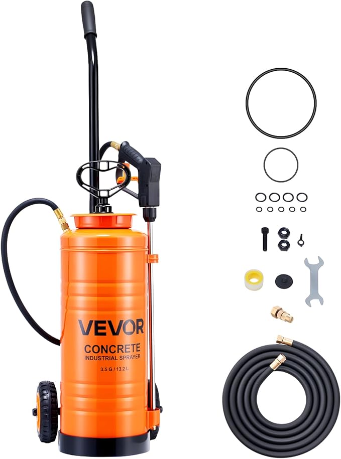 VEVOR Industrial Concrete Sprayer with Wheeled Cart, 3.5 Gallon Stainless Steel Sprayer, Heavy Duty Tri-Poxy Pump Sprayers, 20.5"Wand, 48" & 120"Hoses, 2 Brass Nozzles for Construction, Lawn & Garden