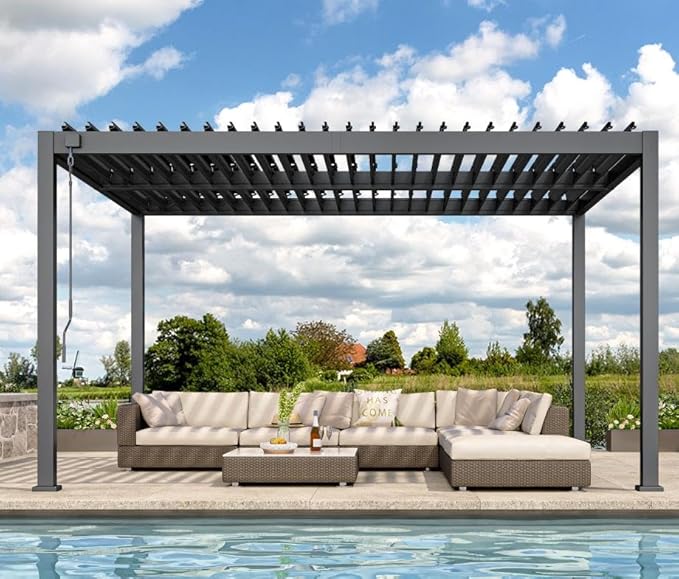 Louvered Pergola, 10 x 13 Aluminum Pergola, Outdoor Modern Design with Adjustable Roof and Hidden Drainage System, Durable for Gardens, Patios, Garden Yard, Deck (Dark Gray, 10x13)