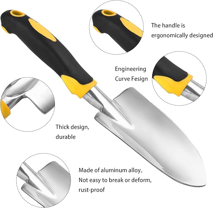 Thovorrnl Garden Shovel Hand Trowel Mini Shovel Aluminum Cast-Aluminum Heavy Duty Gardening Tool Yellow