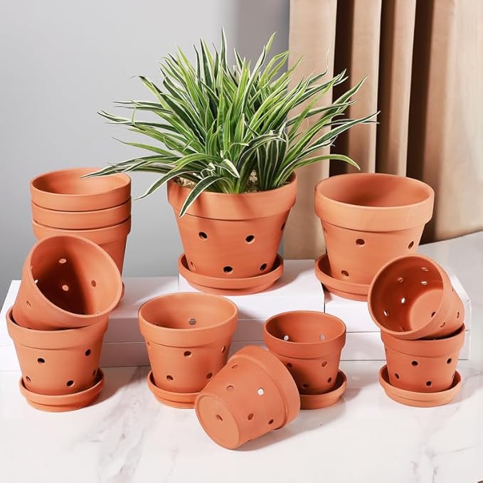 Yishang 8 Inch Clay Orchid Pots with Drainage Holes & Saucers - 3 Pack Large Terracotta Planter for Repotting, Plant Flower Pots for Orchid Indoor & Outdoor, Promotes Air Circulation