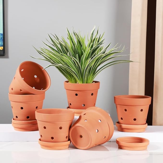 Yishang 5.5 Inch Clay Orchid Pots with Drainage Holes & Saucers - 6 Pack Small Terracotta Planter Pots for Repotting, Plant Flower Pots for Orchid Indoor & Outdoor, Promotes Air Circulation