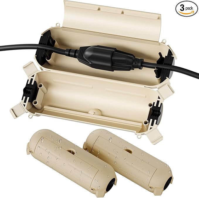 Flemoon [3 Pack] Outdoor Extension Cord Cover Waterproof, Weatherproof Electrical Connection Box for Straight Plug, Outlet, Socket, Halloween, Christmas Holiday Decoration String Light, Almond