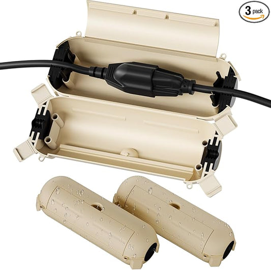 Flemoon [3 Pack] Outdoor Extension Cord Cover Waterproof, Weatherproof Electrical Connection Box for Straight Plug, Outlet, Socket, Halloween, Christmas Holiday Decoration String Light, Almond