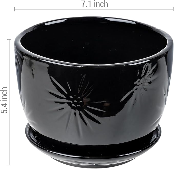 MyGift 7 Inch Glossy Black Ceramic Plant Pot with Drainage Hole and Attached Saucer, Modern Decorative Embossed Sunburst Planter Container for Indoor Home Garden