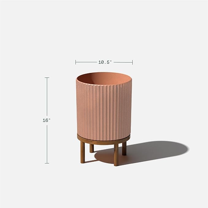 Veradek Demi Series Round Planter w/Stand for Porch/Patio | Durable Plastic-Stone Composite & Wooden Stand | Modern Décor for Tall Plants, Flowers