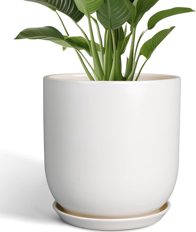 Plant Pot 12 inch - Ceramic Pot for Plants Indoor Outdoor Large Planter Pot with Drainage Hole and Saucer Mid-Century Modern Flower Pot Cylinder White
