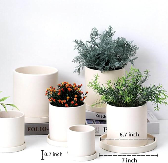 Braque Ceramic Plant Saucer 7 Inch, 2 Pack Round Matte White Flower Plant Saucers for Holding Water Drips and Soil, Ceramic Drainage Tray for Plant Pots, Include Silicone Feet Protect Surface