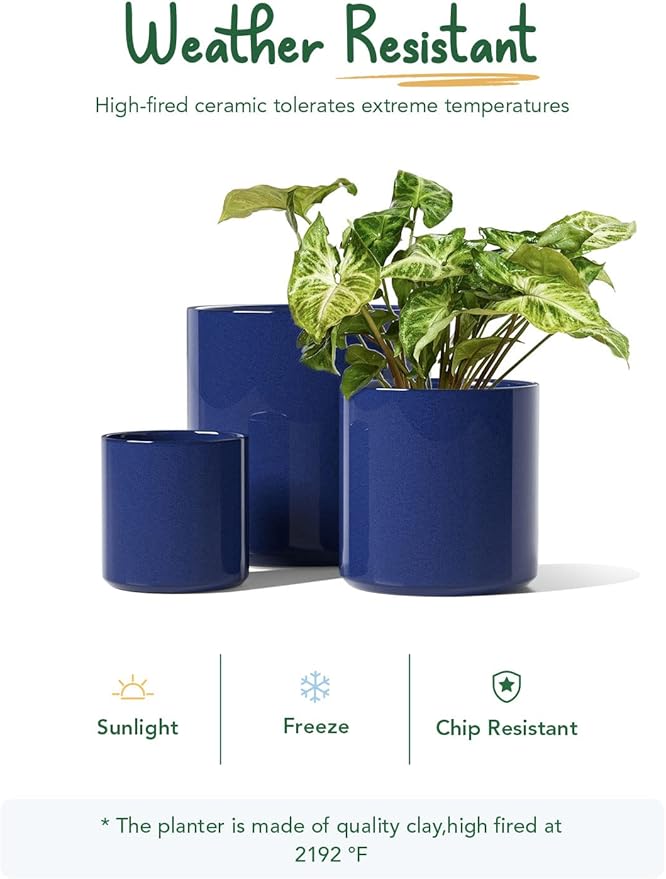 LE TAUCI Ceramic Plant Pots Indoor, 10+8+6 Inch Planters for Indoor Plants, Mid-Century Modern Flower Pots with Drainage Hole and Plug, Cylinder Round Planters, Set of 3, Sapphire Blue