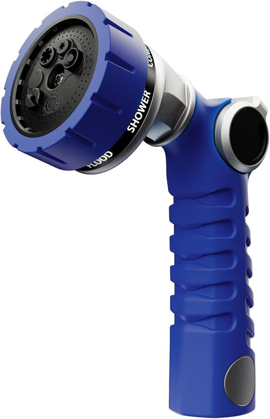 RESTMO Heavy Duty Hose Nozzle, Metal Garden Water Hose Sprayer with 7 Watering Patterns, Thumb Control, On Off Valve, High Pressure Nozzle Sprayer for Watering Plants, Car and Pet Washing, Blue
