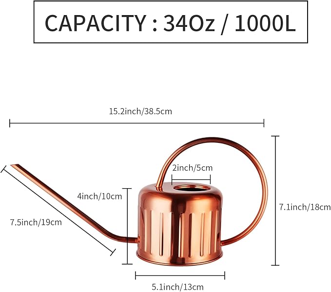 34oz/1L Stainless Steel Watering Can - Indoor/Outdoor Plant Watering Can with Long Spout, Rust-Proof for Succulents, Houseplants, Garden - Modern Minimalist Design (Copper Color)