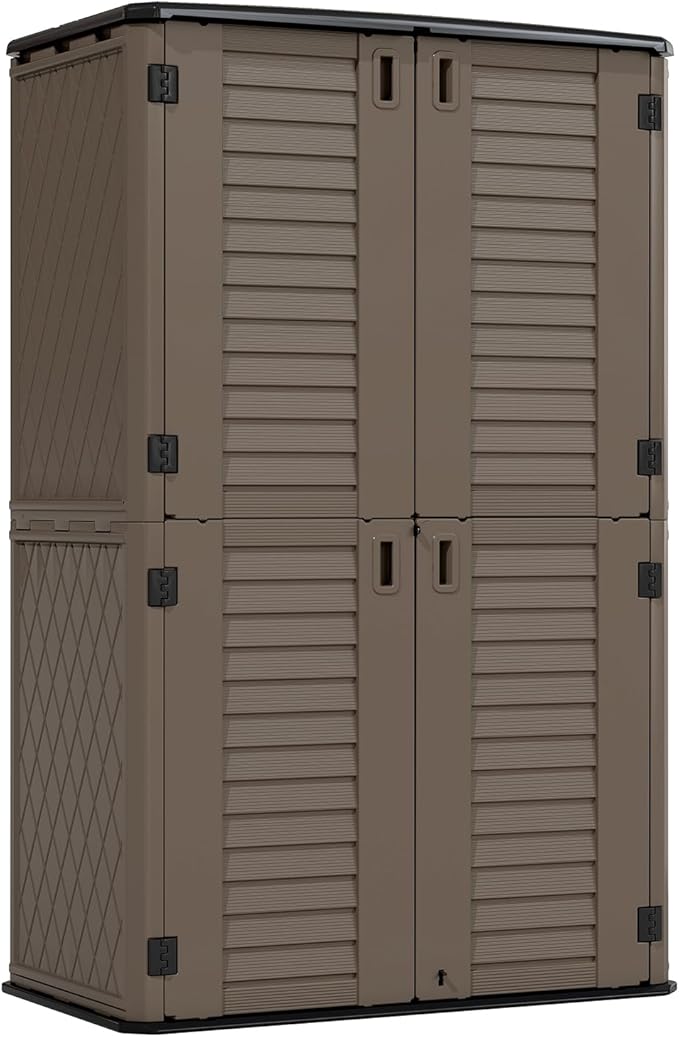 HOMSPARK Storage Shed Weather Resistance, Multi-Purpose Outdoor Storage Cabinet for Backyards and Patios, Horizontal Storage Shed for Lawnmower, Patio Accessories (Coffee, Tall - 53 cu.ft)