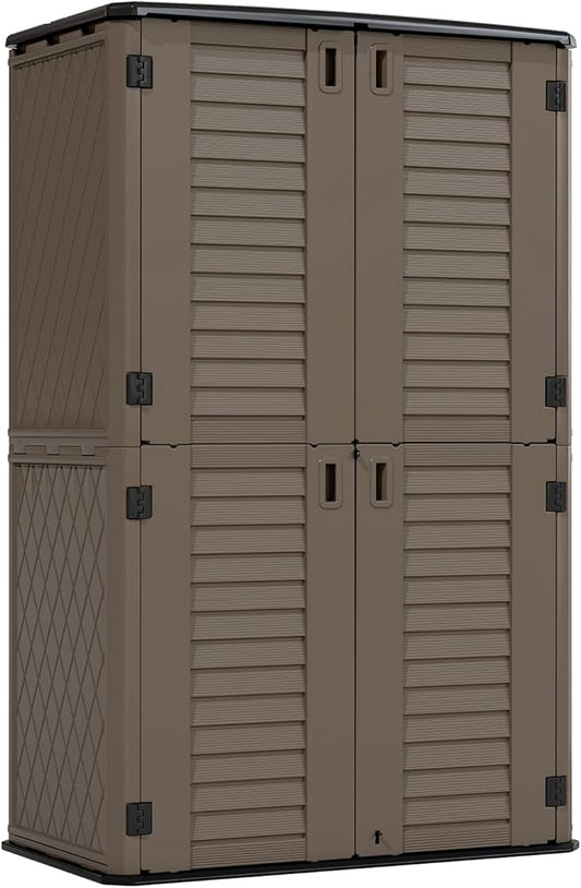 HOMSPARK Storage Shed Weather Resistance, Multi-Purpose Outdoor Storage Cabinet for Backyards and Patios, Horizontal Storage Shed for Lawnmower, Patio Accessories (Coffee, Tall - 53 cu.ft)