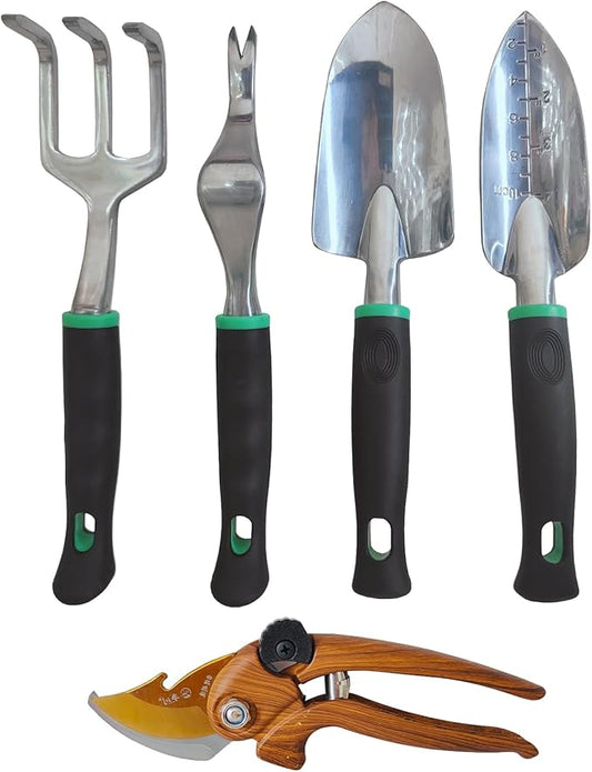 Gardening Tool Set Including Hand Trowel, Transplant Trowel, Cultivator Hand Rake, Pruning Shears and Weeder, Non-Slip Rubber Grip (5 pcs Green)