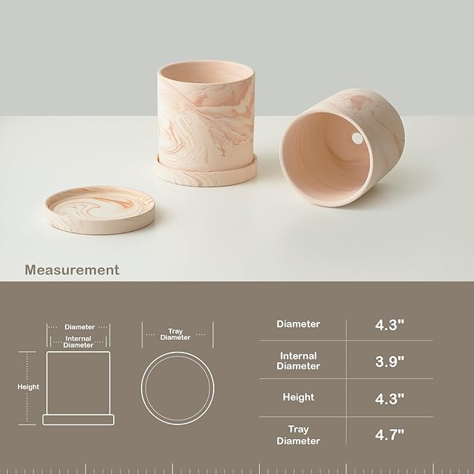 4 inch Plant Pot - Terra Cotta Flower Planters Indoor - Modern Succulents Containers with Drain Hole & Saucer, Decorate Home, Office (Pink)