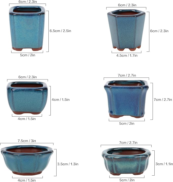 Bonsai Planter Succulent 6 pc Mini Glazed Pots Value Set + 6 Soft Mesh Drainage Screens