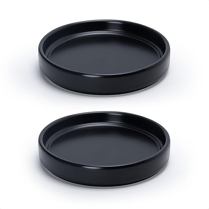 D'vine Dev Modern Round 5.4 Inch Ceramic Plant Pot Saucer, Planter Pot Drainage Tray for Indoor Plants, Set of 2, Matte Black, 97-T-B-22