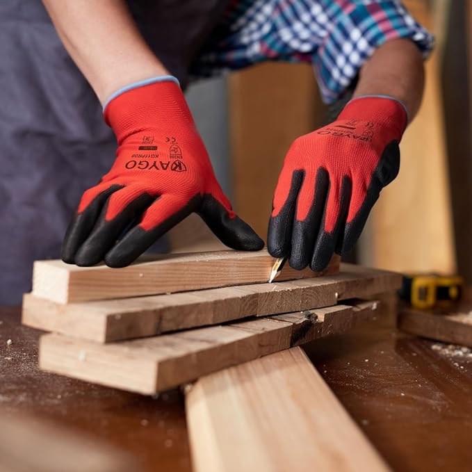 KAYGO Safety Work Gloves PU Coated-12 Pairs Seamless Knit Glove with Polyurethane Coated Smooth Grip on Palm & Fingers, for Men and Women, Ideal for General Duty Work, KG11P (XX-Large, Red)