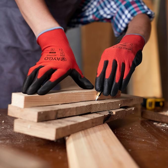 KAYGO Safety Work Gloves PU Coated for Women, 12 Pairs Seamless Knit Glove with Polyurethane Coated Smooth Grip on Palm and Fingers, Ideal for General Duty Work, KG11P (M, Red)