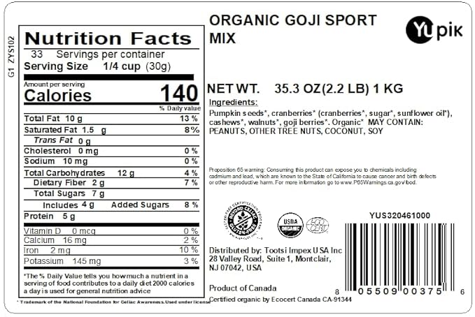 Yupik Trail Mix, Organic Goji Sport, 2.2 lb, An organic mix of pumpkin seeds, cashews, walnuts, cranberries, goji berries, Pack of 1