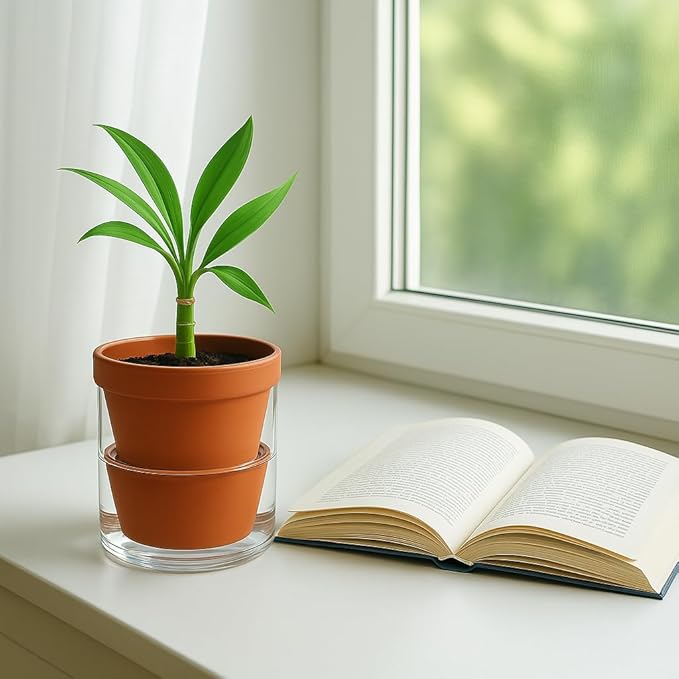 D'vine Dev 4 Inch Design Self Watering Pot for Indoor Plants, Terracotta Planter with Cylinder Glass Cup, Set of 2, 37-Y-A-1