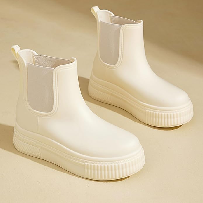Women's PVC Chunky Platform Ankle Rain Boots Waterproof Slip On Anti-slip Chelsea Boots Comfort Wide-leg Elastic Band Outdoor Rubber Garden Work Rain Boots For Yard Farm